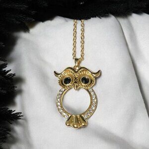 Goldtone Matte Finish Metal Owl Magnifying Glass Pendant Necklace